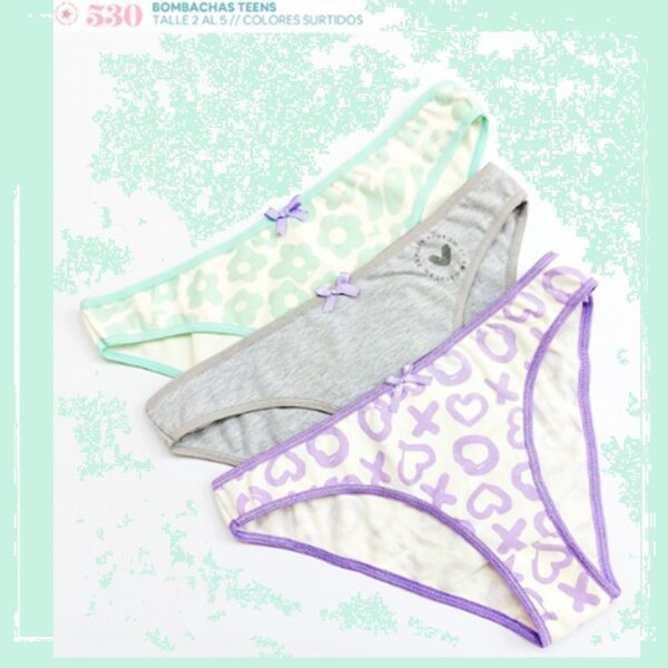 ART.VI530 PACK X3 BOMBACHAS VEDETINA TEENS ALGODON Y LYCRA ESTAMPADO SURTIDO